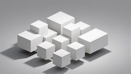 Obraz premium Modern arrangement of geometric white cubes on a gray background