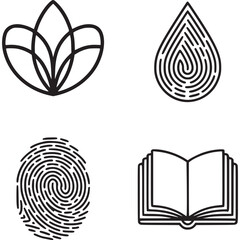 A set of four line art icons featuring a flower, water drop, fingerprint, and open book on gray background on transparent background