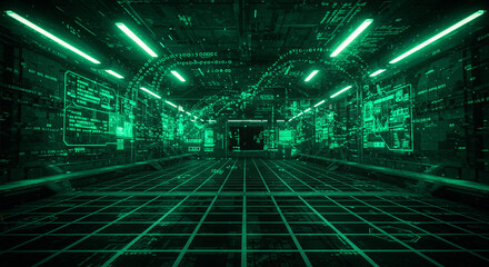 A futuristic green corridor with digital displays and a grid floor leading to a distant doorway