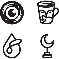 A collection of four minimalist icons featuring an eye, a mug, a drop, and a crescent moon on a stand on transparent background