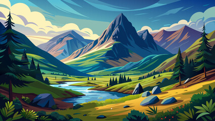 Beautiful mountain and valley landscape in Glencoe, Scotland with lush forest under a clear blue sky.