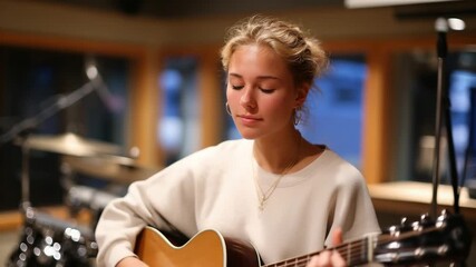 A young woman skillfully strums her guitar in a softly lit rehearsal room, surrounded by drums and a microphone. - Powered by Adobe