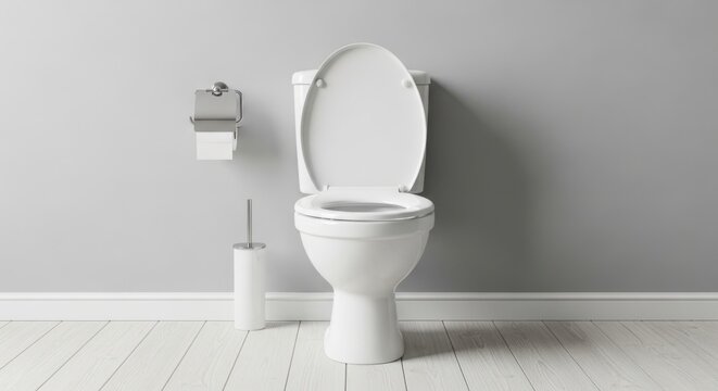 A white toilet with the lid open in a modern bathroom setting - Powered by Adobe