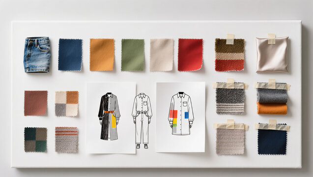 Swatches and clothing sketches on a design board - Powered by Adobe