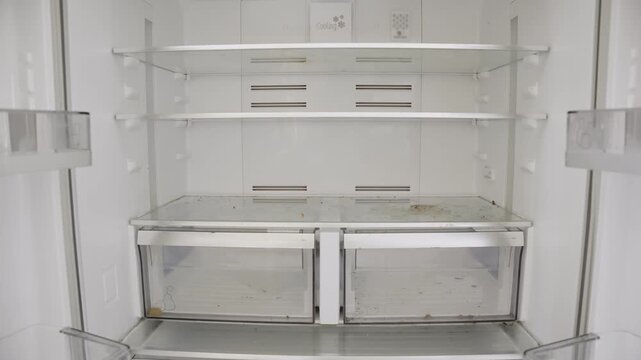 Empty fridge with no food items and dirty shelves with old leftover liquids. Scarce and hunger. Broken down modern domestic household refrigerator without groceries and things to eat and consume