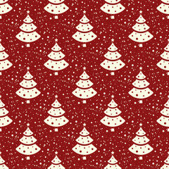Obraz premium Small white Christmas trees and snowflakes isolated on red background. Cute monochrome seamless pattern. Vector simple flat graphic illustration. Texture.