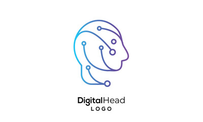 Minimal human tech logo concept, digital head icon, AI-inspired robotics technology emblem	