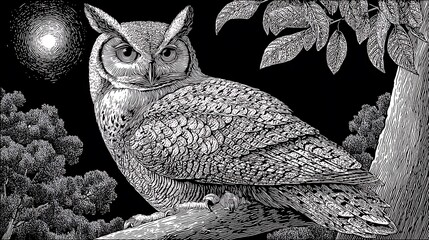 Engraved owl sits in a tree, moonlight, ideal for marketing, editorial, or web projects.