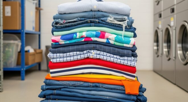 A neatly stacked pile of colorful clothes in a laundry room
