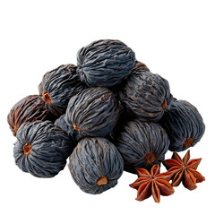 Aromatic star anise spices are arranged beside a pile of dried black fruit, creating a delightful culinary experience, perfect for adding flavor to dishes.