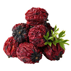 A vibrant stack of dried rose hips, featu their deep red wrinkled skin and dark stem ends, is beautifully accented by fresh green foliage against white background.