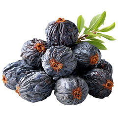 A rustic pile of dried black plums with distinctive textured surfaces and natural stems is embellished with a sprig of verdant leaves on a white background.