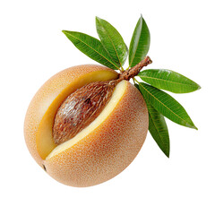 A single argan fruit, revealing its seed, is displayed alongside its leaves on a stark white background, highlighting the natural beauty of this unique nut.