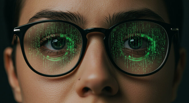 Close up of person wearing glasses with digital green code reflection on the lenses and eyes