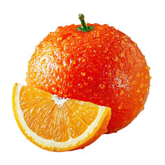 A vibrant and fresh orange, adorned with glistening water droplets, sits alongside a juicy slice on a clean white background, radiating natural goodness and health.
