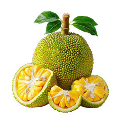 A fresh green jackfruit sits with cut pieces displaying the yellow pulp and white core against a white backdrop showcasing tropical produce at its fi form.