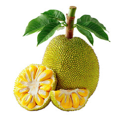 Fresh jackfruit with green leaves displays its spiky skin, while slices expose the edible fruit segments, showcasing its tropical freshness and delicious taste.