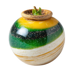 A round ceramic jar with yellow, green, and white stripes is showcased against a white backdrop, featu a textured lid and small green plant sprout on top.