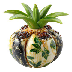 An ornately decorated decorative ceramic pine with leaves and intricate patterns stands isolated against a clean white backdrop, creating a studio shot art piece.