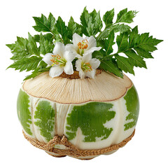 A fresh young coconut decorated with delicate white flowers and green leaves rests beautifully on a white background, creating a natural and calming composition.