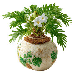 A creative tropical arrangement displays fresh white plumeria blossoms and vibrant greenery emerging from a painted coconut , offe a pacific island vibe.