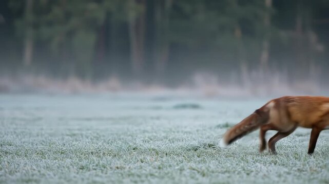 A red fox walks across a frosty field in the winter forest, showcasing its beautiful fur