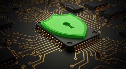 Green shield with keyhole on a microchip representing cybersecurity and data protection concept art