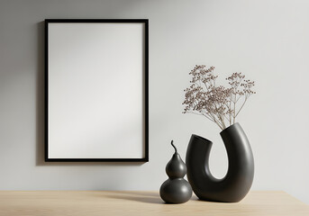 A minimalist scene featuring a black frame, an abstract vase with dried flowers, and a decorative gourd on a wooden surface.