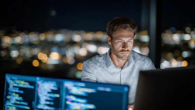 A male developer intensely codes in a tech startup setting, with monitors showcasing JavaScript and network security protocols under ambient office lighting.