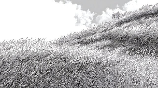 Grass sways on a windy slope under cloudy sky. Graphic resource. For design, editorial, web use, marketing, texture, background.