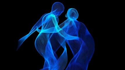 Dancing figures radiate in blue lines against black. Abstract design symbolizes movement, partnership. Use for web design, concepts, marketing.