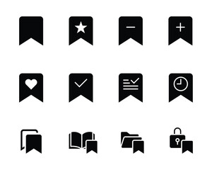 Solid style save and bookmark icon set collection featuring various concepts such as favorite, add, remove, completed task, reading list, locked content, folder save, and recent items symbols