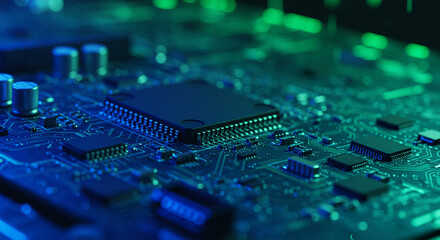 Close up view of a computer circuit board with chips and capacitors under blue and green lighting