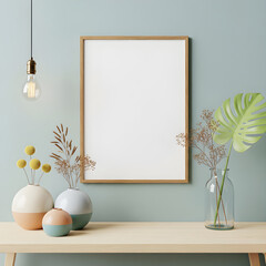 A minimalist decor featuring a blank wooden-framed picture, colorful vases, and a greenery arrangement against a light blue wall.