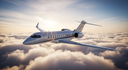 Fototapeta premium Silver private jet flying above fluffy white clouds during sunset airplane aircraft Jpg clipping path, social media, Advertisement, HD photo, close up, high quality, web, banner, poster. 