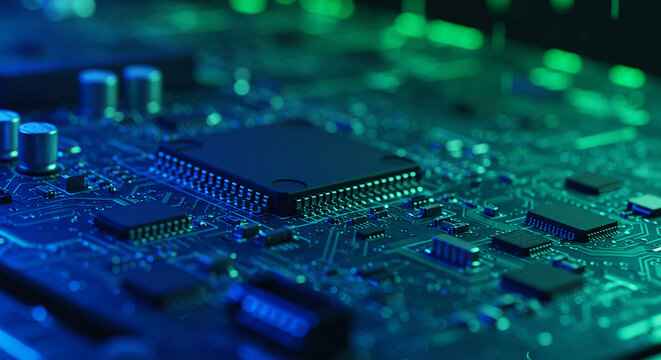 Close up view of a computer circuit board with chips and capacitors under blue and green lighting