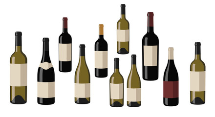 Assortment of wine bottles in varying shapes sizes and colors arranged on a white background display