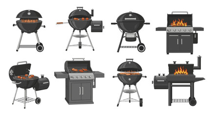 Illustration of various charcoal and gas grills with different designs and configurations for outdoor cooking