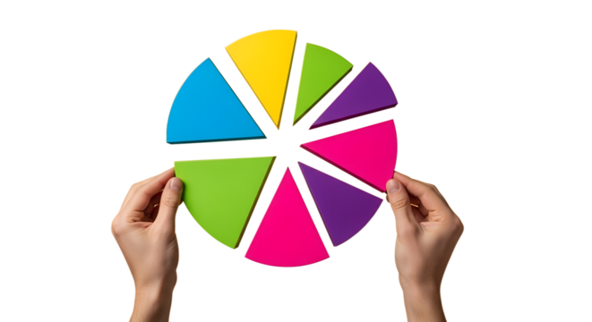 Hands assembling colorful pie chart pieces on white background holding, png.