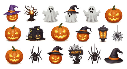 A collection of halloween themed decorations including pumpkins ghosts spiders and a haunted house displayed