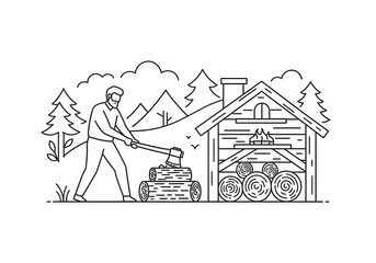 Naklejka premium Outdoor Wood Chopping Scene Beside a Rustic Log Cabin in Mountainous Forest