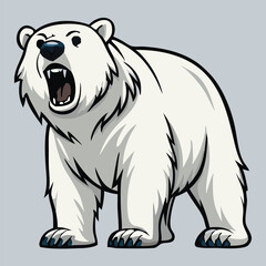 Fototapeta premium Cartoon polar bear roars, showcasing its sharp teeth and mighty paws on a gray background