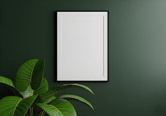 A blank white picture frame hangs on a dark green wall, beside a lush green plant with broad leaves.
