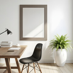 A cozy workspace featuring a wooden desk, black chair, desk lamp, stacked books, and a large potted plant beside a blank picture frame.