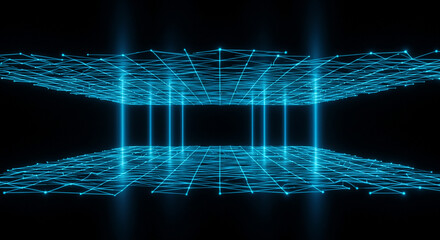 Glowing blue grid network with vertical beams connecting upper and lower planes in dark space