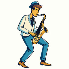 Naklejka premium Cartoon man in stylish suit cheerfully plays his saxophone with passion and vigor