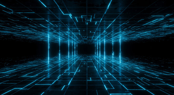 Fototapeta A futuristic grid tunnel with glowing blue lines and a dark background creating a digital space