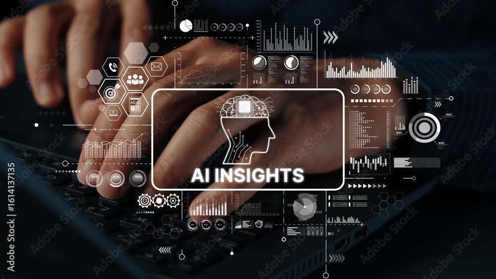 Poster hands typing on keyboard with ai insights visualization and data analysis graphics in a modern offic