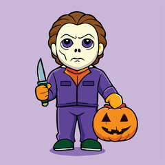 Cartoon masked man in purple jumpsuit holds a pumpkin and knife on Halloween