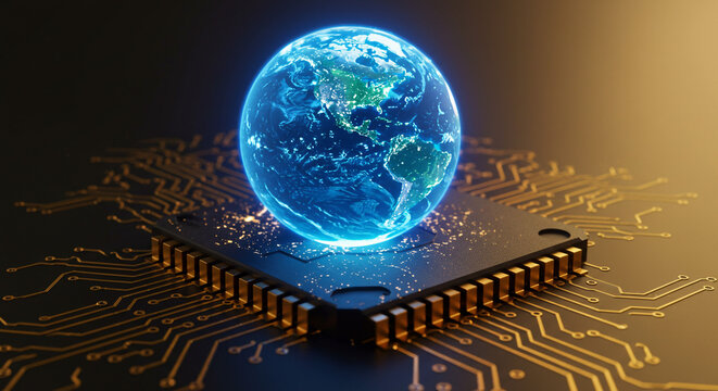 Glowing earth globe resting on a cpu chip with detailed circuit board patterns underneath it all